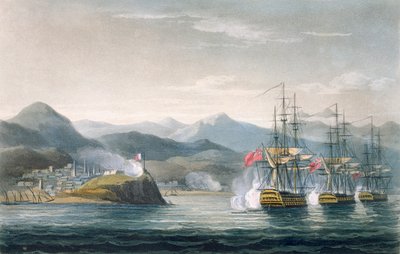 The Squadron under the Command of Sir J. Brisbane attacking Fort Maurigio, on 12th April, 1814 by Thomas Whitcombe